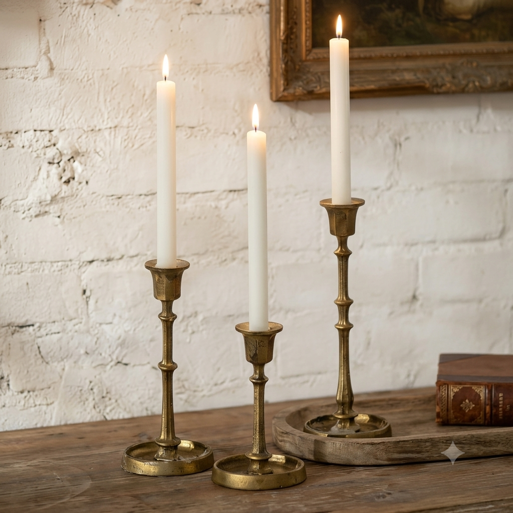 Antique brass candle holders styled on a farmhouse mantel