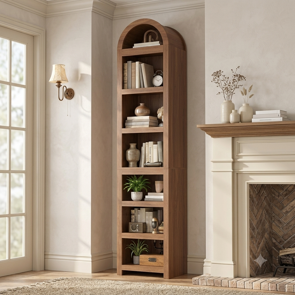 Arched wooden bookshelf styled with farmhouse decor accents