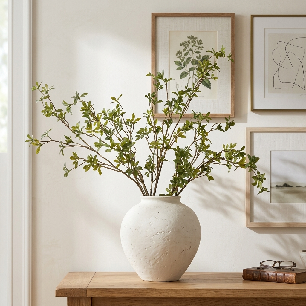 Artificial greenery stems arranged in a farmhouse vase