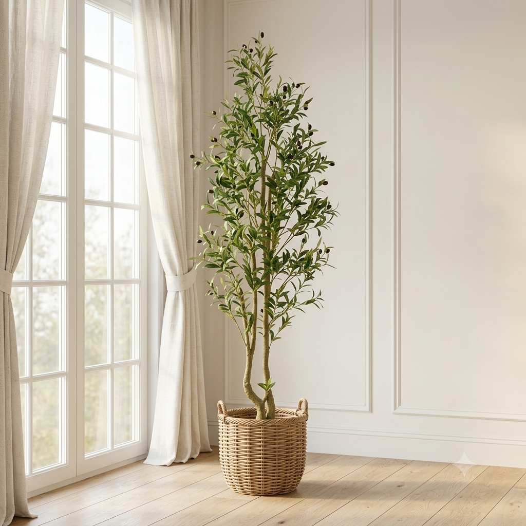 Artificial olive tree in a modern farmhouse living room
