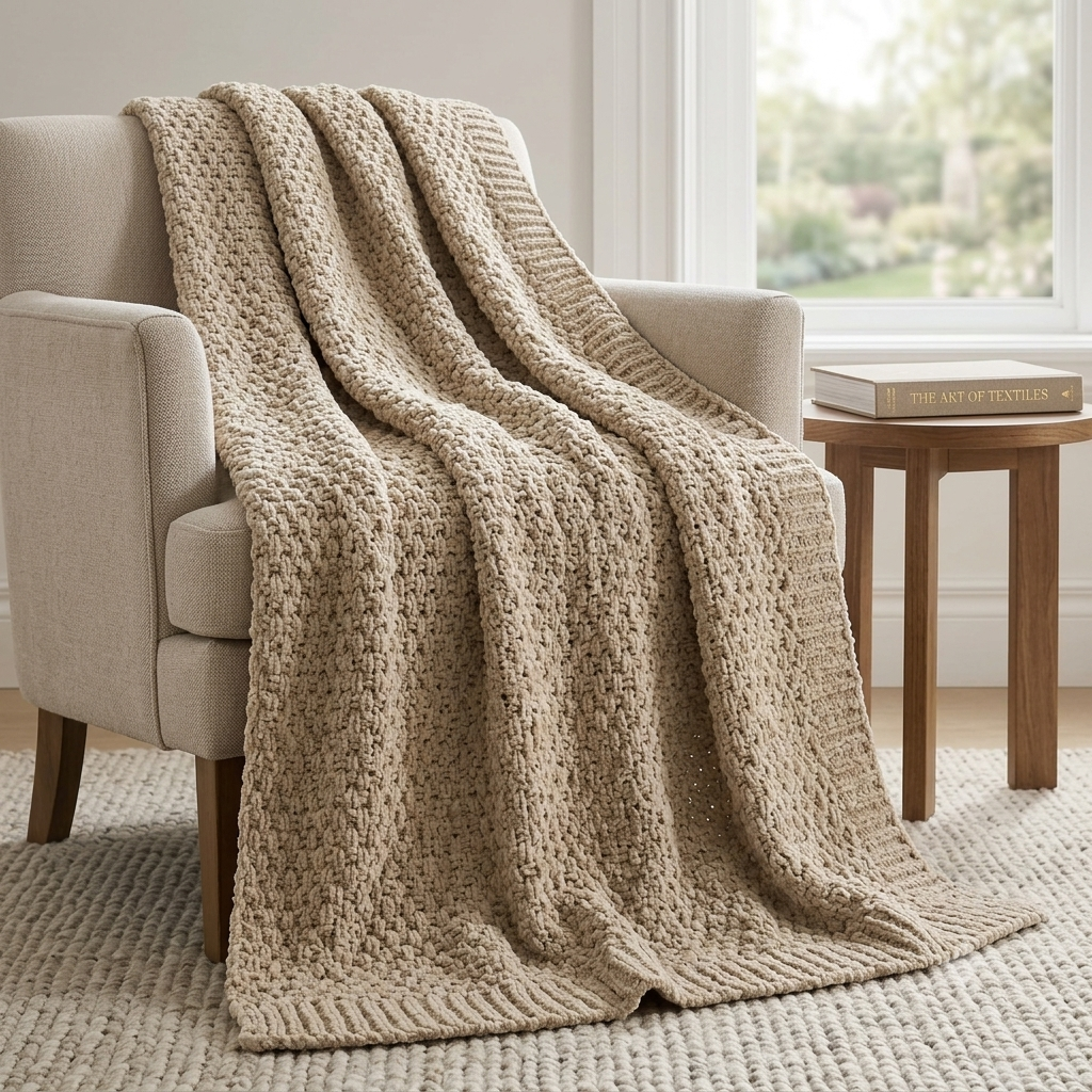 Chunky Knit throw blanket draped over a farmhouse living room sofa