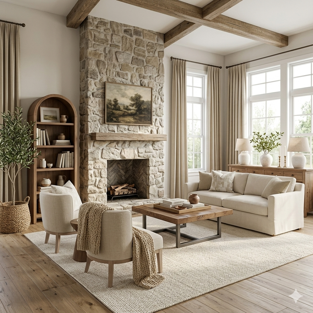Farmhouse living room essencials with rustic wood furniture and cozy neutral decor