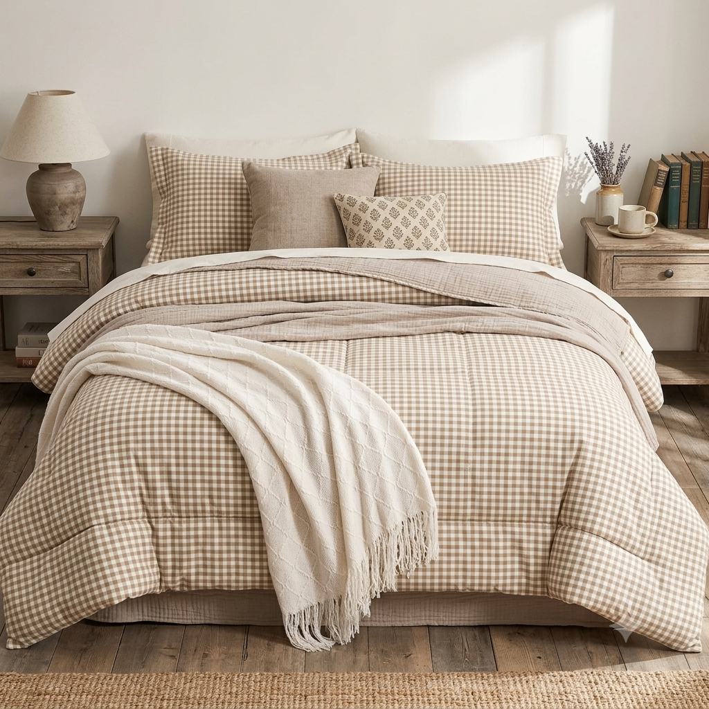 Farmhouse plaid comforter set in neutrak tones for a cozy bedroom