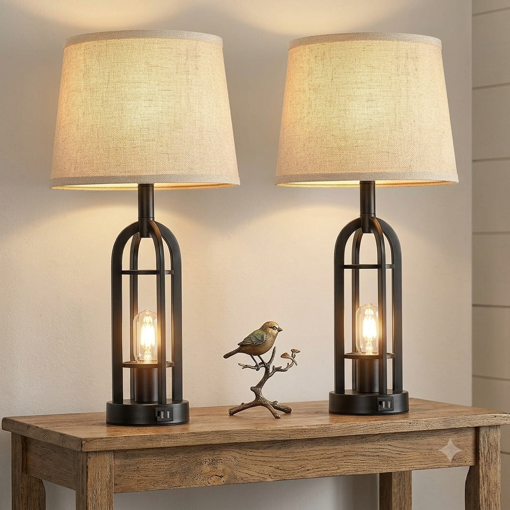 Farmhouse table lamp creating warm and inviting bedroom lighting
