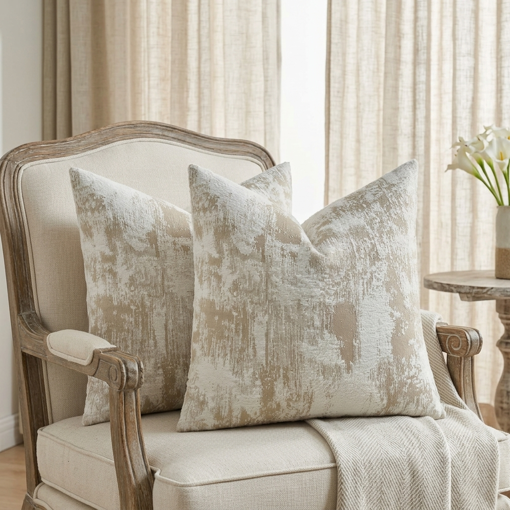 Textured farmhouse pillow covers on a neutral living room sofa