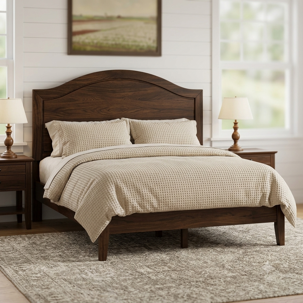 Rustic farmhouse wood bed farme in a cozy bedroom setting