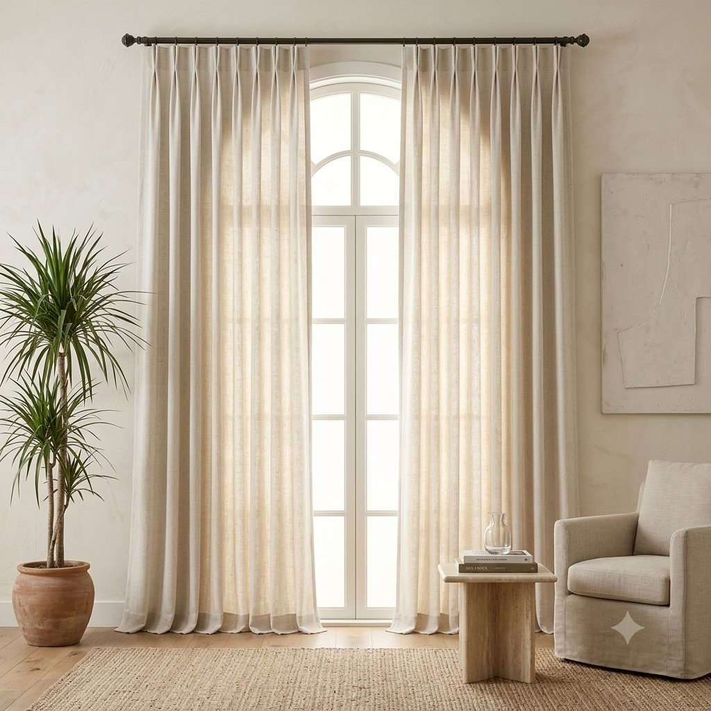 Light linen farmhouse curtains that brighten a cozy bedroom