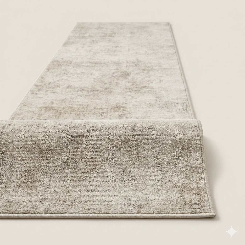 Neutral farmhouse area rug adding warmth and texture to the bedroom