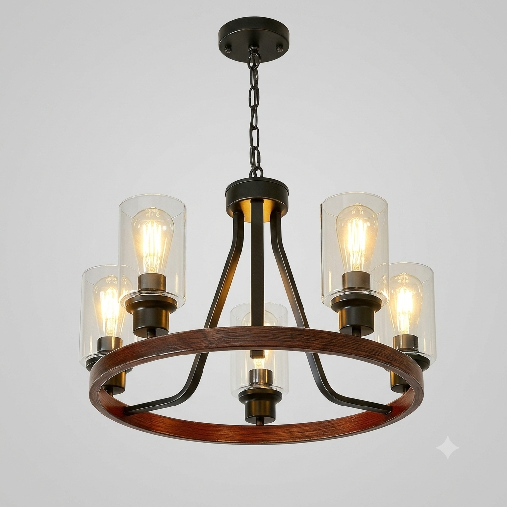 Rustic farmhouse chandelier with wood and metal accents