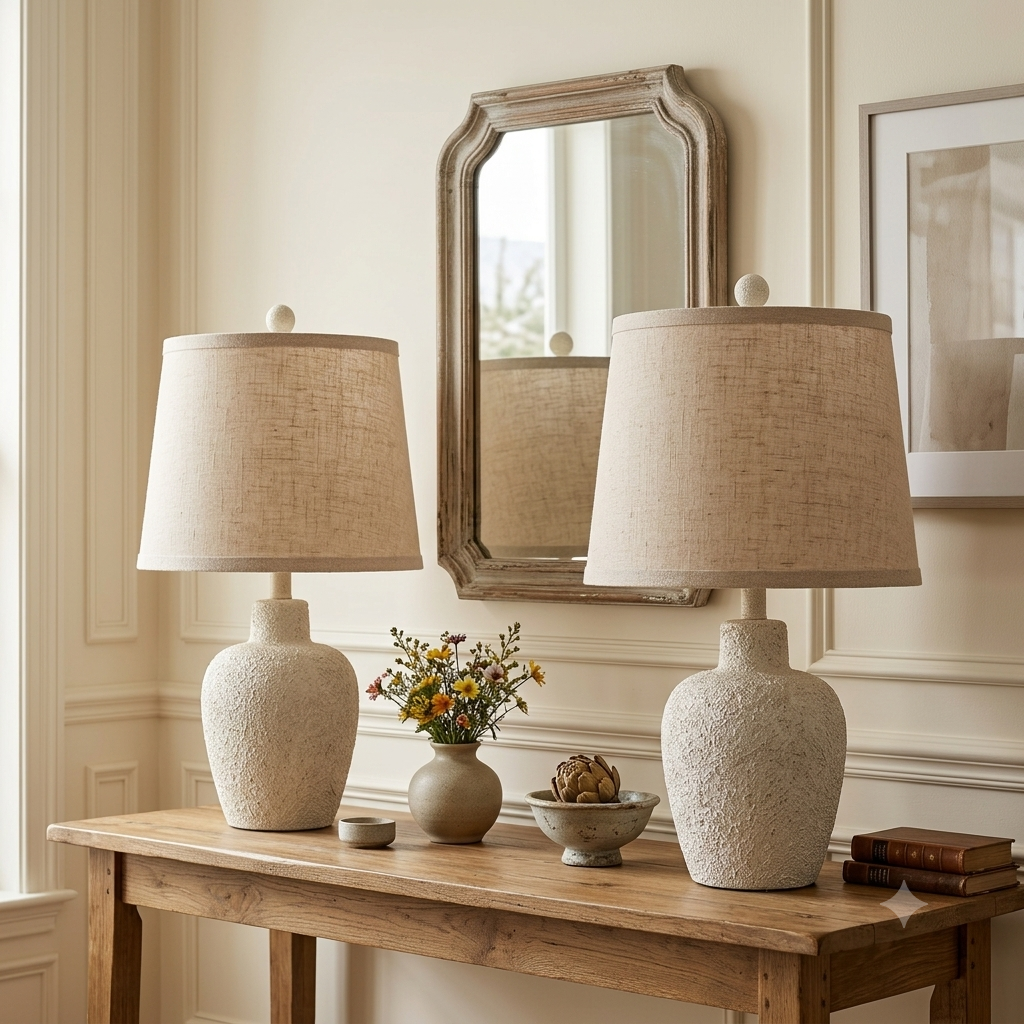 Rustic farmhouse table lamps with warm fabric shades