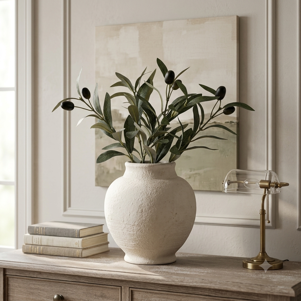Rustic white ceramic vase with farmhouse decor styling