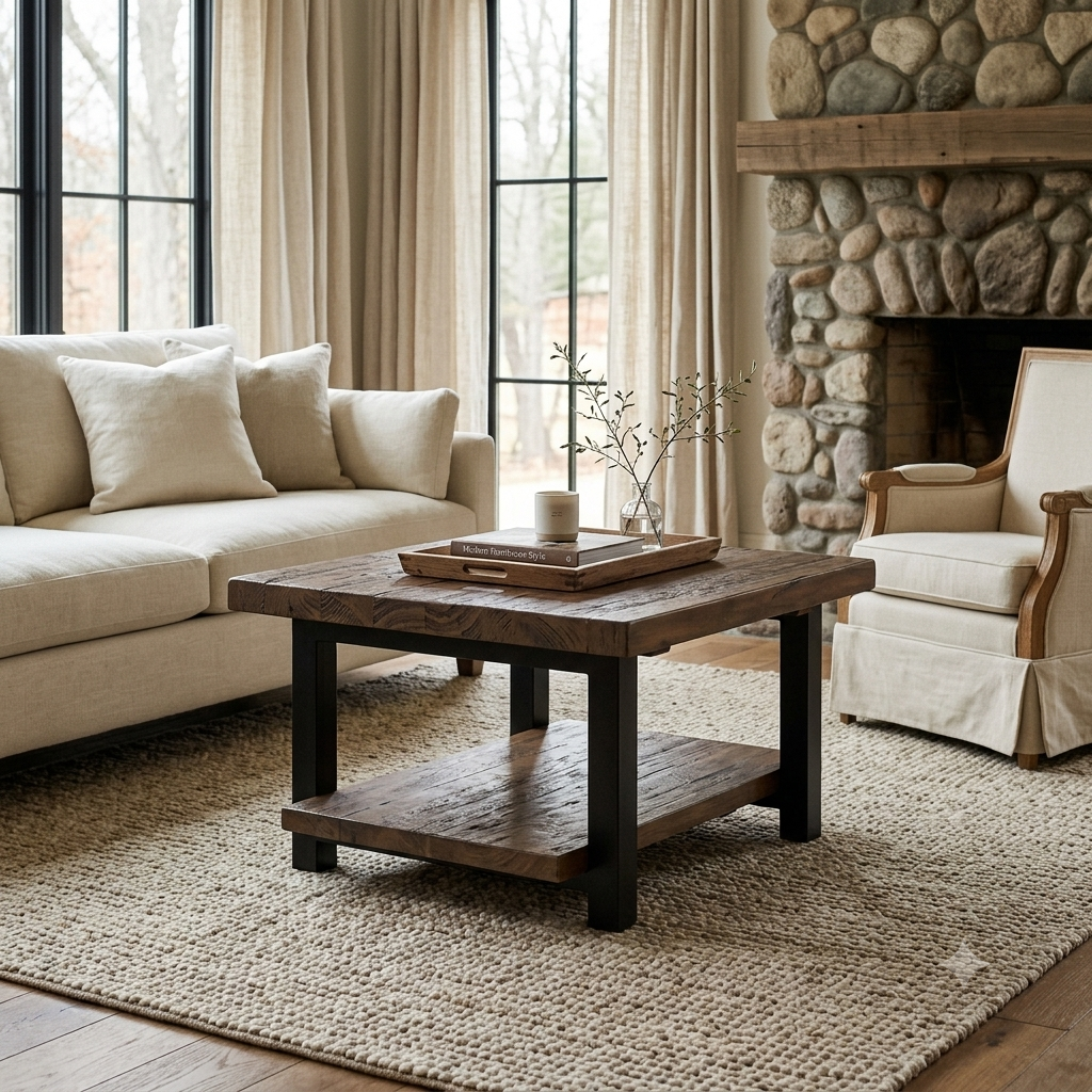 Rustic wood coffee table in a cozy farmhouse living room