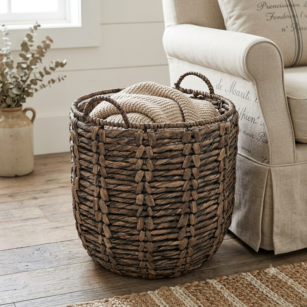 Wove storage basket for farmhouse living room organization